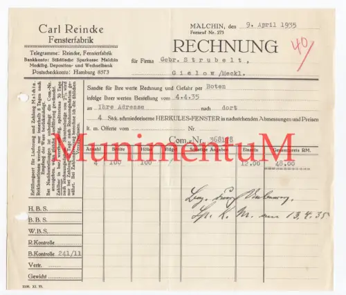 Fensterfabrik P. Reincke MALCHIN - Rechnung Offerte Reklame Briefbogen 1935