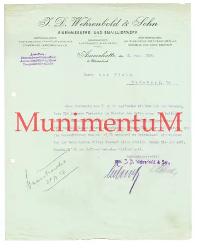 Eisengießerei und Emaillierwerk AURORAHÜTTE bei GLADENBACH Marburg Rechnung 1926