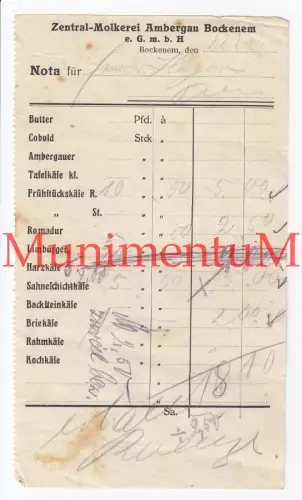Zentrale Molkerei Ambergau BOCKENEM - Rechnung Reklame Werbung Nota 1925