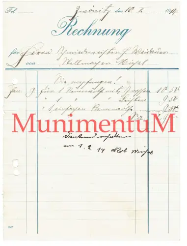 Zwönitz i. Sachsen Rechnung Stellmacher Miegel an Schmiedemeister Weidauer 1914