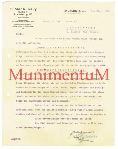 Ölfabrik F. Machunsky HAMBURG - Offerte Briefbogen Reklame 1930 Dorschlebertran