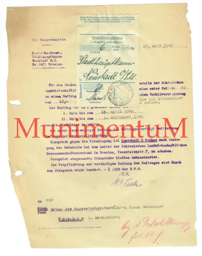 schlesische landw. Berufsgenossenschaft NEUSTADT Oberschlesien - Rechnung 1942