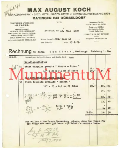 Werkzeugfabrik Metallsägeblätter M. A. Koch RATINGEN b. DÜSSELDORF Rechnung 1929