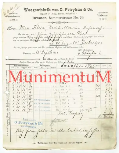 Waagenfabrik O. Potrykus & Co. BREMEN - Rechnung 1902 Inh. Strothoff Tafelwaagen