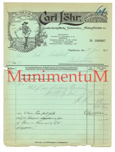landw. Sämereien Hülsenfrüchte Carl Löhr gegr. 1851 MAGDEBURG - Rechnung 1929