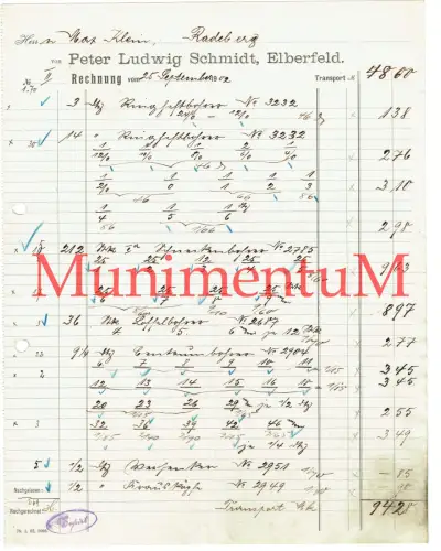 Werkzeugfabrik P. L. Schmidt ELBERFELD Wuppertal gegr. 1790 - Rechnung 1902