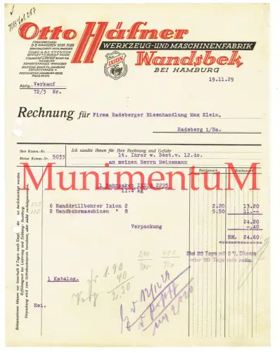 Werkzeug- u. Maschinenfabrik Otto Häfner WANDSBEK b. Hamburg - REchnung 1929