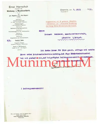 Werkzeug- u. Maschinenfabrik Herrschuh CHEMNTIZ Offerte Rabattliste Werbung 1911