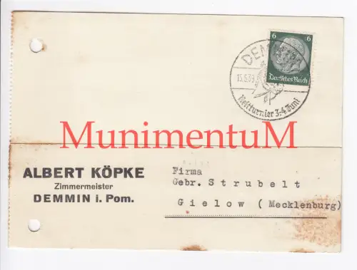 Zimmermeister A. Köpke DEMMIN i. Pommern - Ehrensache Stempel Reitturnier 1939