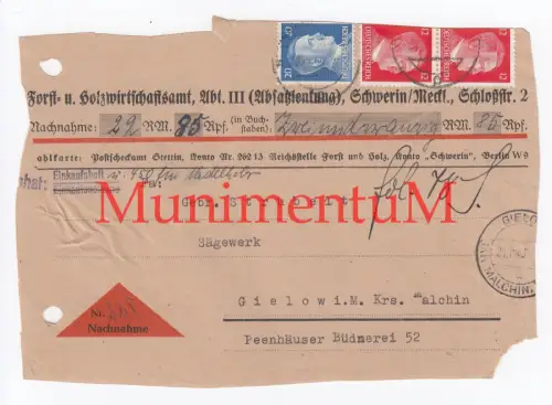 Forst- & Holzwirtschaftsamt Abt.3 SCHWERIN Nachnahme 1943? Postscheckamt STETTIN