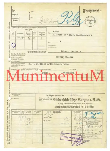 Frachtbrief 1938 Niederschlesische Bergbau-A.G. WALDENBURG DITTERSBACH KULMIZ