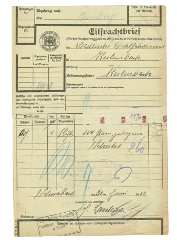 Frachtbrief 1922 SCHWABACH städt. Wohlfahrtsamt 100 Paar Getragene Schuhe