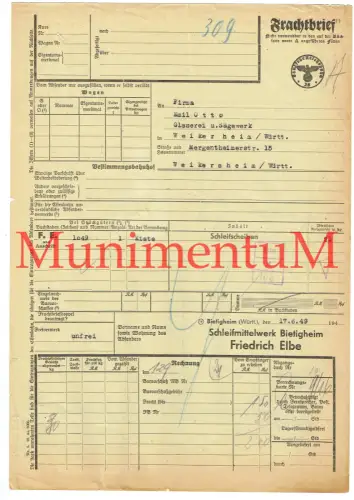 Frachtbrief Schleifmittelfabrik BIETIGHEIM Friedrich Elbe 1949 n. WEIKERSHEIM