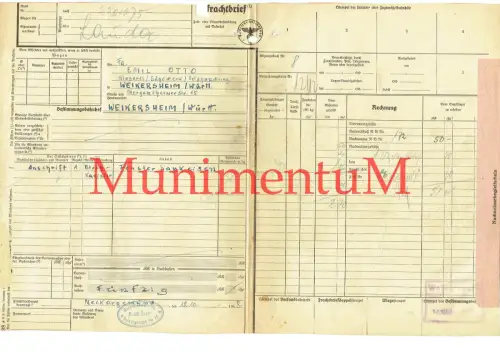 Frachtbrief Eisenhandlung Bauer NECKARGEMÜND 1948 nach WEIKERSHEIM Fensterbank