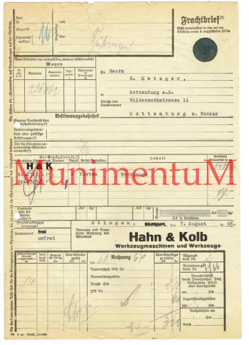 Frachtbrief EBINGEN Hahn & Kolb 1946 Werkzeuge über TÜBINGEN nach ROTTENBURG
