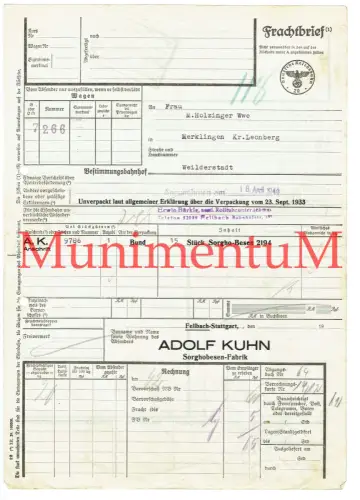 Frachtbrief FELLBACH-STUTTGART Sorghobesen-Fabrik Adolf Kuhn 1941 WEILDERSTADT