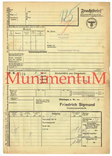 Frachtbrief Drahtwarenfabrik Friedrich Sigmund NÜRTIGEN n. Weihersheim 1942