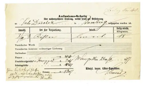 Frachtbrief Aufnahmeschein Beleg kgl. bayer. Güterexpedition 1877 BAMBERG