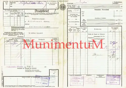 Frachtbrief PFAFFENHOFEN Bildhauer E. Kiefer 1937 Schnitzwerk Wegweiser SULZBACH