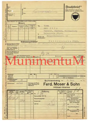Frachtbrief Möbel-Werke F Moser & Sohn SCHRAMBERG 1950 Maschine nach WEIKERSHEIM