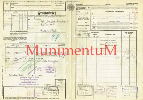 Frachtbrief SCHWERIN Ing. Lessner GIELOW SEDDIN 1935 Stempel Doppel erteilt