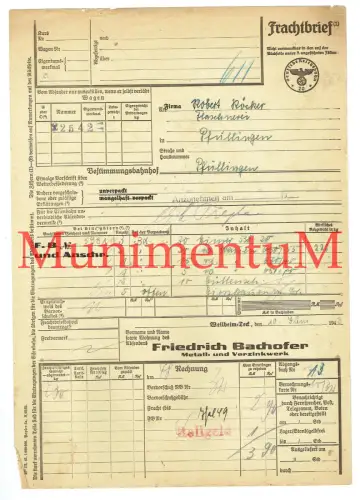 Frachtbrief Metall- u. Verzinkwerk  Fr. Bachofer WEILHELM-TECK , PFULLINGEN 1943