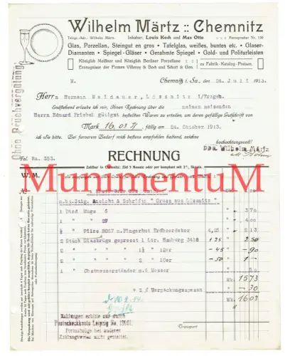 Glas Porzellan Steingut Spiegel Goldleisten W. Märtz CHEMNITZ - Rechnung 1913