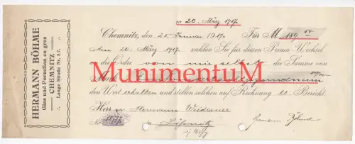 Glas & Porzellan en gros H. Böhme CHEMNITZ - Wechsel Quittung 1917 LÖSSNITZ