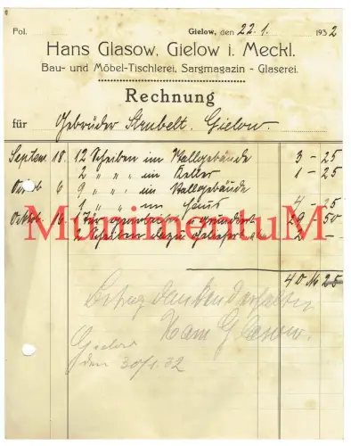 Hans Glasow GIELOW Bau- Möbel-Tischlerei & Sargmagazin-Glaserei - Rechnung 1932