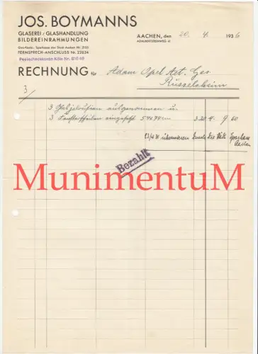 Glaserei Glashandung Bildereinrahmung Jos. Boymanns AACHEN - Rechnung 1936 Opel