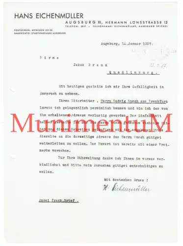 Hans Eichenmüller AUGSBURG Fa. Braun QUEDLINBURG Hr Wusch - Schreiben Brief 1937