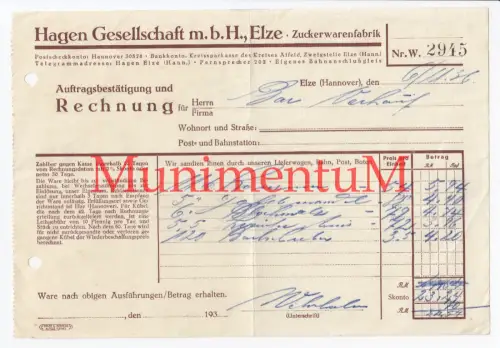 Hagen Gesellschaft ELZE (Hannover) Zuckerwarenfabrik - Rechnung Reklame 1936