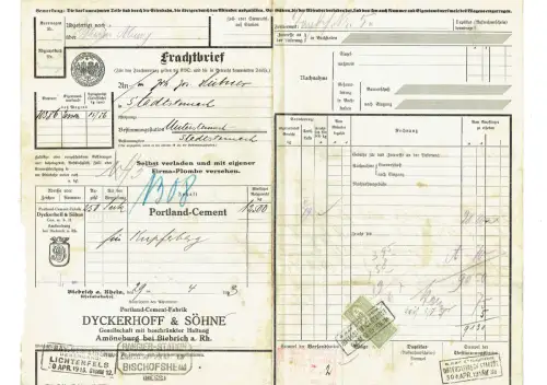 Frachtbrief kgl. preuß.-großhess. Eisenbahn BIEBRICH RHEIN DYCKERHOFF CEMENT