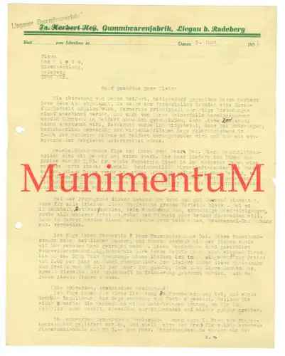 Gummiwarenfabrik LIEGAU bei RADEBERG 1931 Seifert SEIFERSDORF Offerte Briefbogen