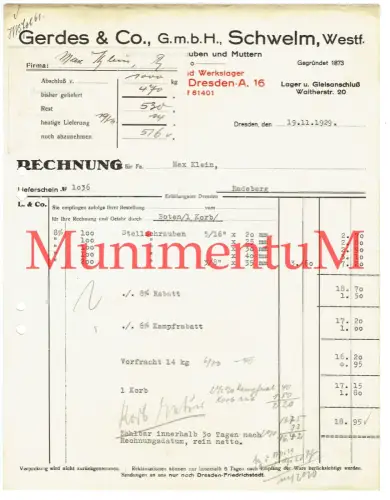 Gerdes & Co. GmbH, SCHWELM i. Westfalen , Werkslager DRESDEN | Rechnung 1929