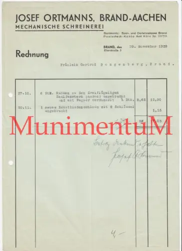 Josef Ortmanns Mechanische Schreinerei BRAND-AACHEN - Rechnung 1939 Bongenberg