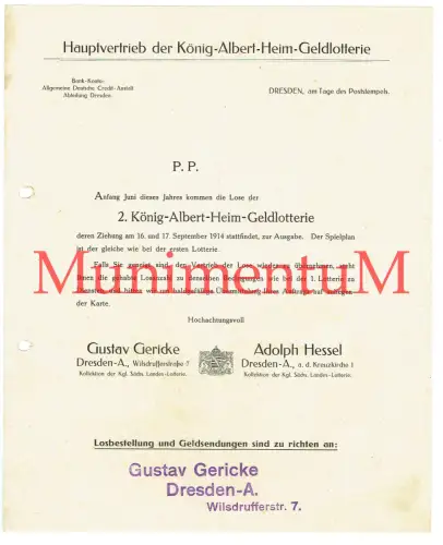 König-Albert-Heim-Geldlotterie DRESDEN | Ziehung 1914 Briefbogen Glücksspiel WK1