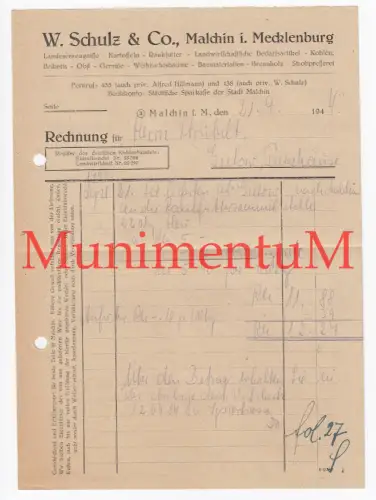 Landw. Bedarfsartikel W. Schulz & Co. MALCHIN i. Mecklenburg - Rechnung 1944