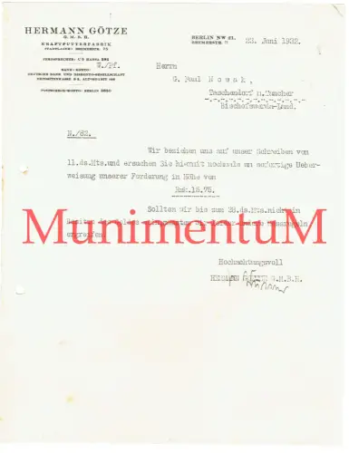 Kraftfutterfabrik Hermann Götze BERLIN Bremerstr. | Rechnung 1932