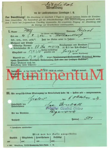 Landkrankenkasse STAVENHAGEN i.M. Abmeldung 1939 Gebr Strubelt GIELOW ZOLKENDORF