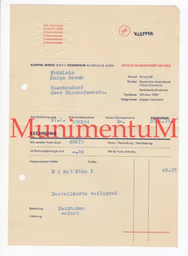 Klepper-Werke GmbH ROSENHEIM größte Faltbootwerft der Welt - Rechnung 1938