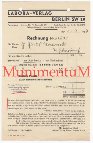 Labora-Verlag BERLIN | Rechnung 1937 Reklame-Plakate Flasche Tabakex