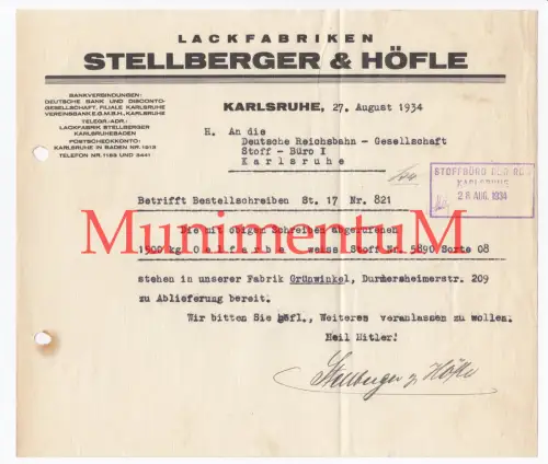 Lackfabriken Stellberger & Höfle KARLSRUHE / GRÜNWINKEL Rechnung Schreiben 1934