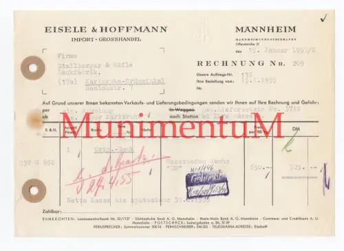 Import-Großhandel Eisele & Hoffmann MANNHEIM - Rechnung Reklame Briefbogen 1955