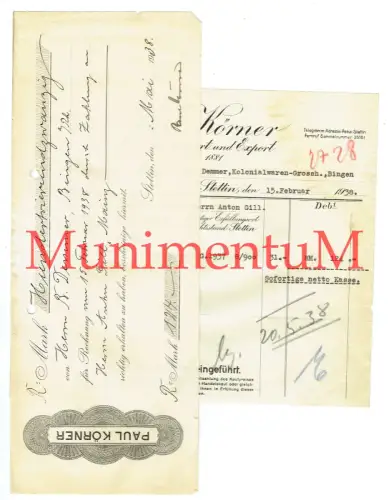 Import & Export Paul Körner STETTIN - Rechnung & aufgeklebter Wechsel 1938