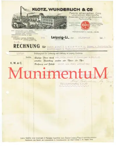 Klotz, Wunderlich & Co. Fabrik ätherischer Öle LEIPZIG-LINDENAU Rechnung 1925