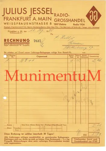 Julius Jessel Radio-Großhandel FRANKFURT a.M. Rechnung Reklame 1935 R481