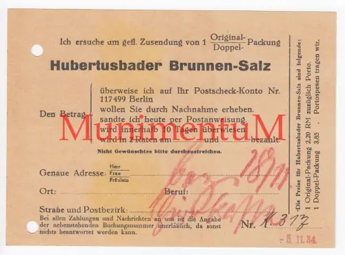 Hubertusbader Brunnen-Salz BERLIN SCHÖNEBERG - Postkarte 1934