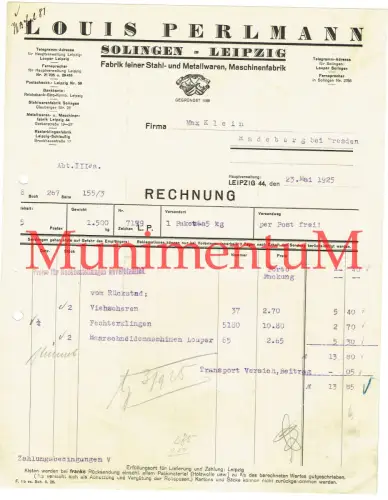 L. Perlmann SOLINGEN LEIPZIG Fabrik feiner Stahl- und Metallwaren Rechnung 1925