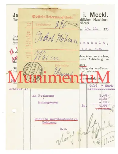 Jakob Stöbener WAREN / Müritz - Rechnung & Posteinlieferungsschein 1923